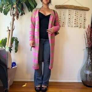 Stitch + Feather Pink Tan Striped Duster Cardigan Sweater Small colorblock boho